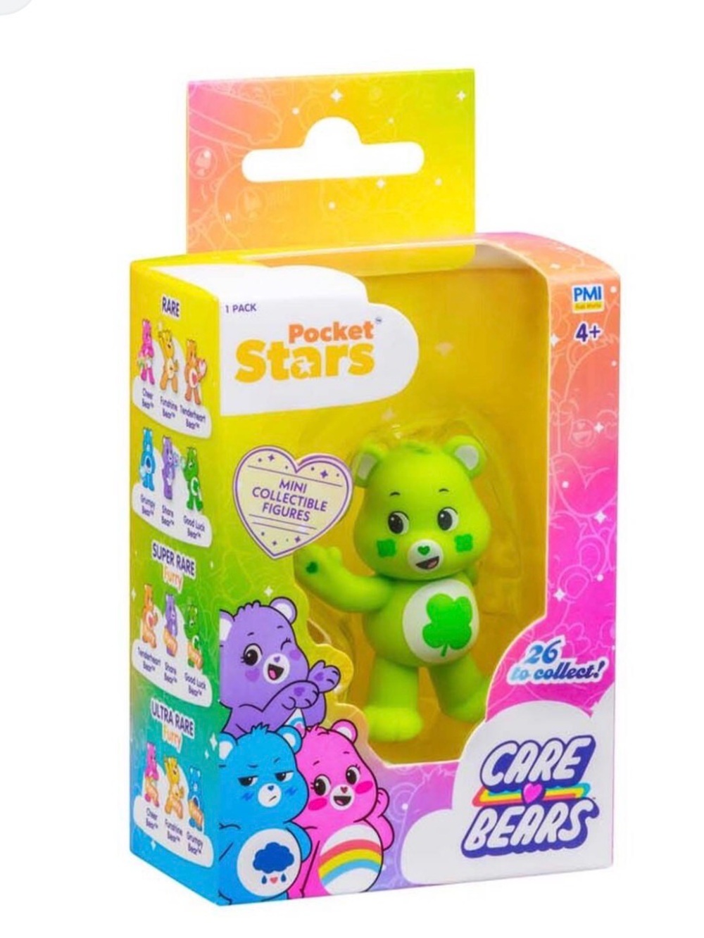 Care Bears Pocket Stars Bright Green Clover Bear 2” Mini Figure NIB